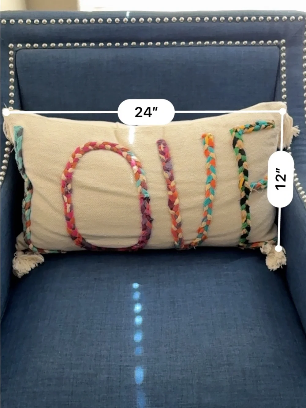 NWT Neutral Canvas Throw Pillow with Braided LOVE and Tassels